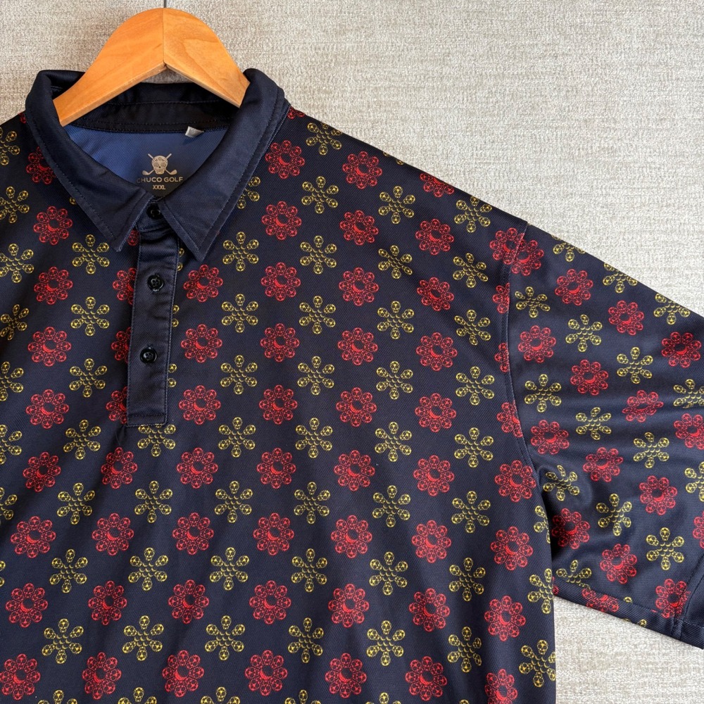 Chuco Golf Mens XXXL Black Red Yellow Sugar Skull Floral Performance Polo
